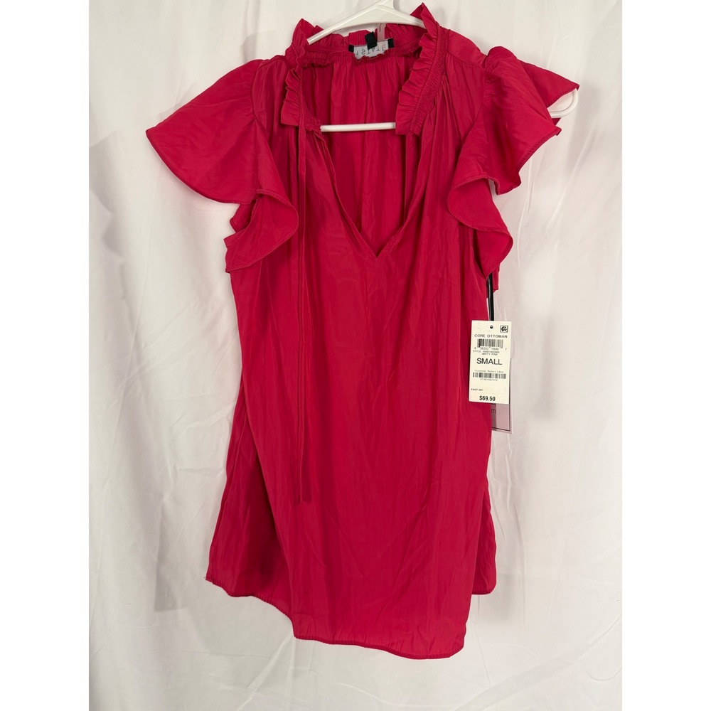 1.STATE Women Flutter Sleeve Ruffle Neck Blouse Misty Pink Small 100011483MS